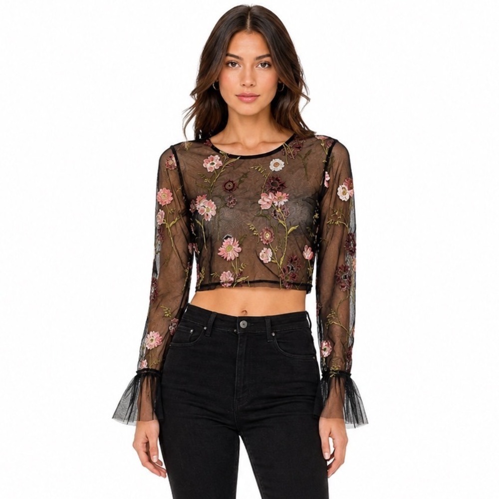 Ten Sixty Sheer Tulle Floral Embroidered Crop Top Women M Black Whimsigoth Fairy